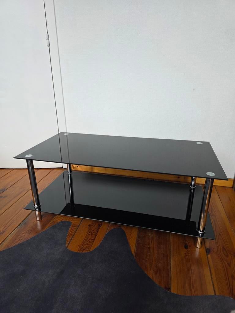 Moderne salontafel van zwart glas en chroom - Afneembare pot, Glas