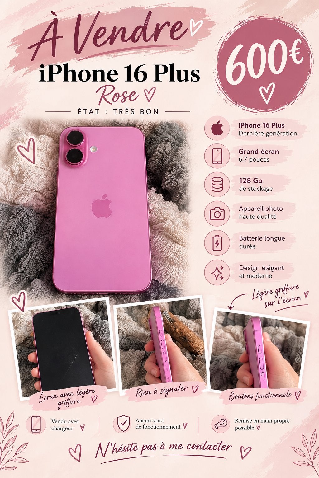 Iphone 16 plus rose, Enlèvement, Comme neuf