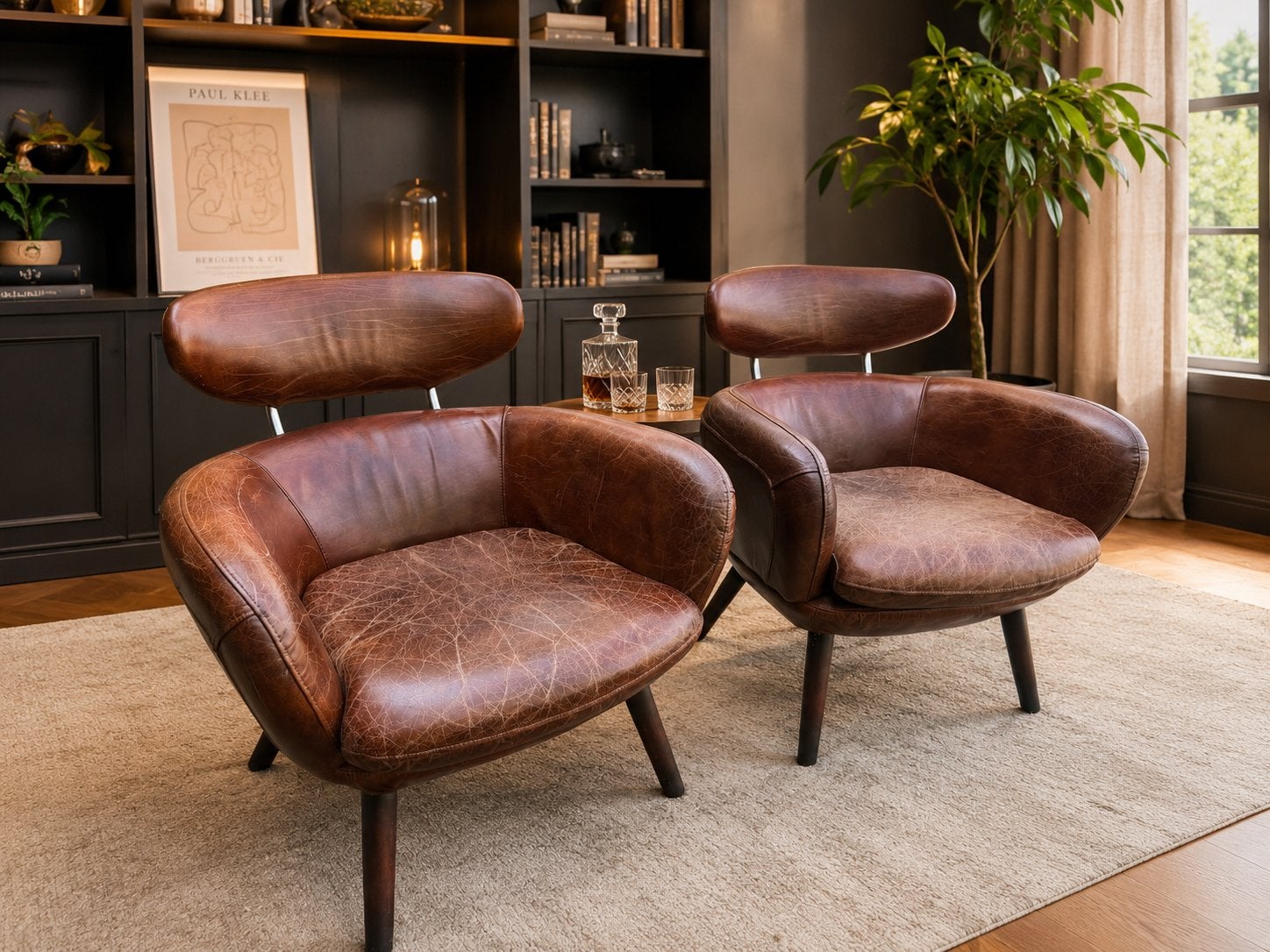 2 X Retro clubzetel vintage Italiaans leder bruin, Huis en Inrichting, Fauteuils, Ophalen, Gebruikt, Leer