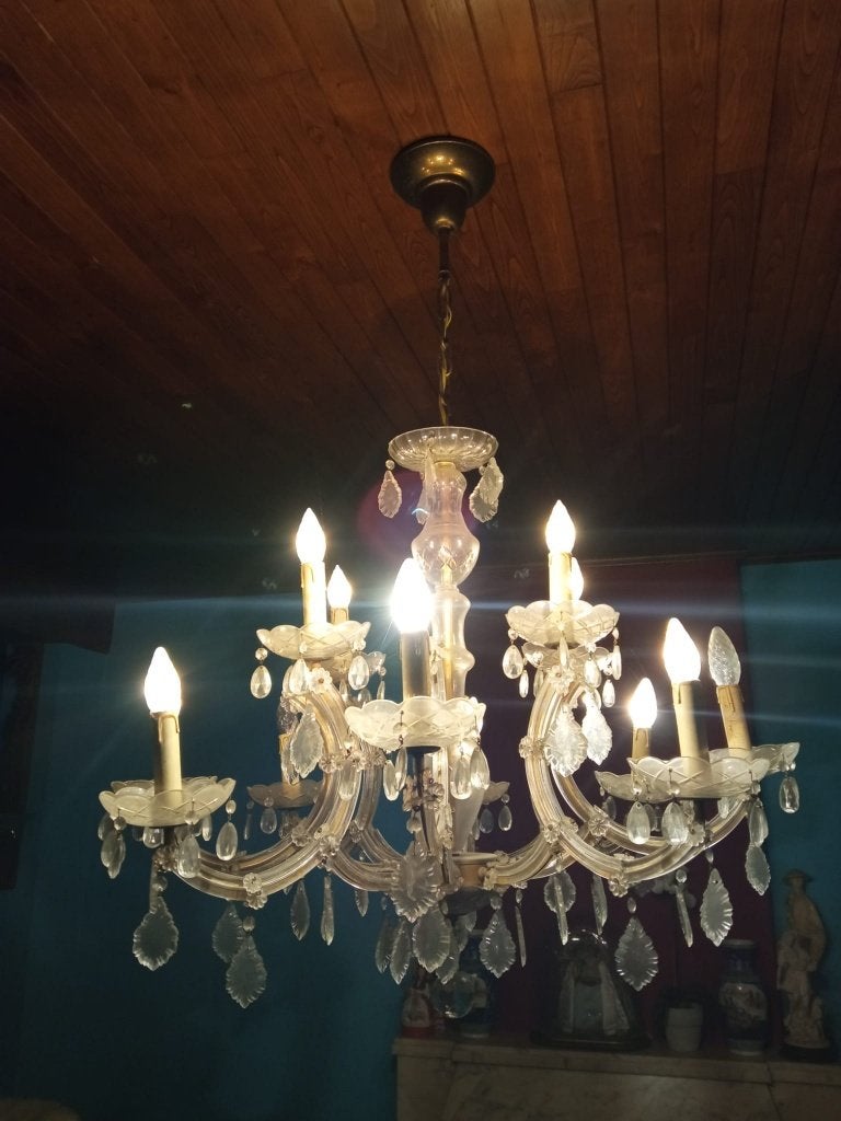 Vintage luster met 12 armen, Ophalen, Gebruikt, Glas, E14 (klein)