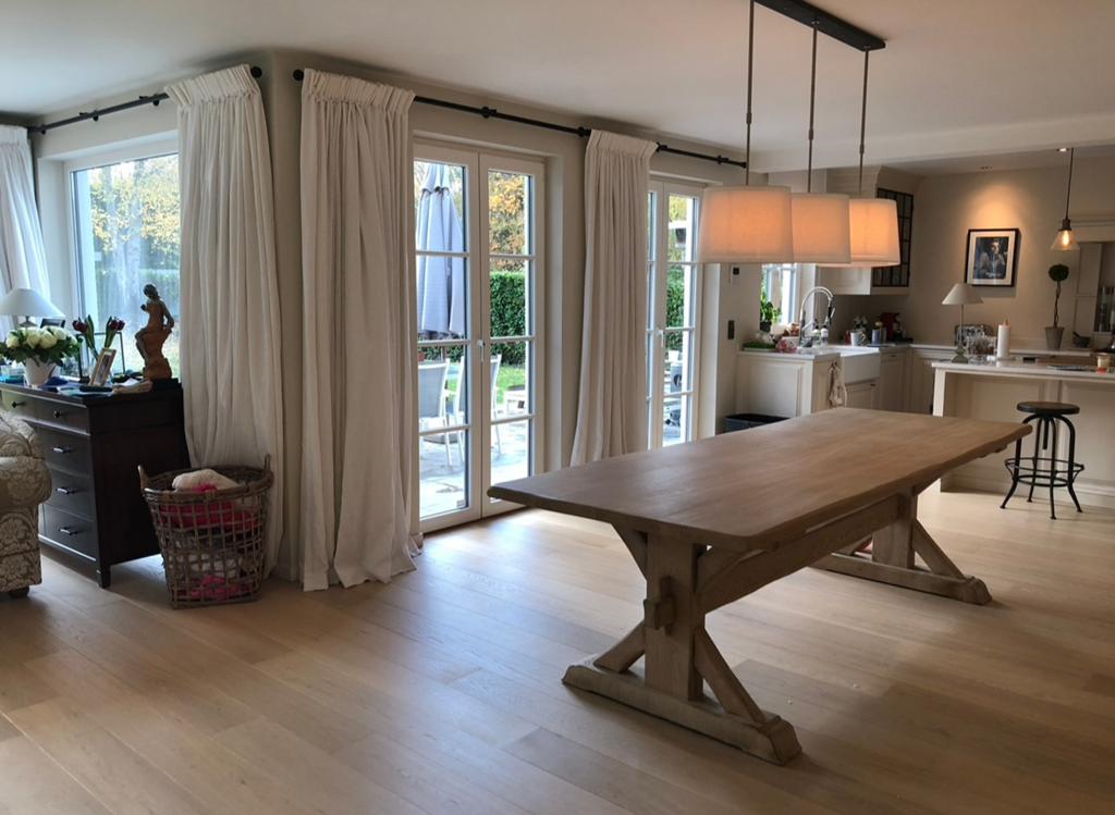 Suspension à 3 abat-jours en tissu lin – (120€), Maison & Meubles, Enlèvement, Utilisé, Tissus