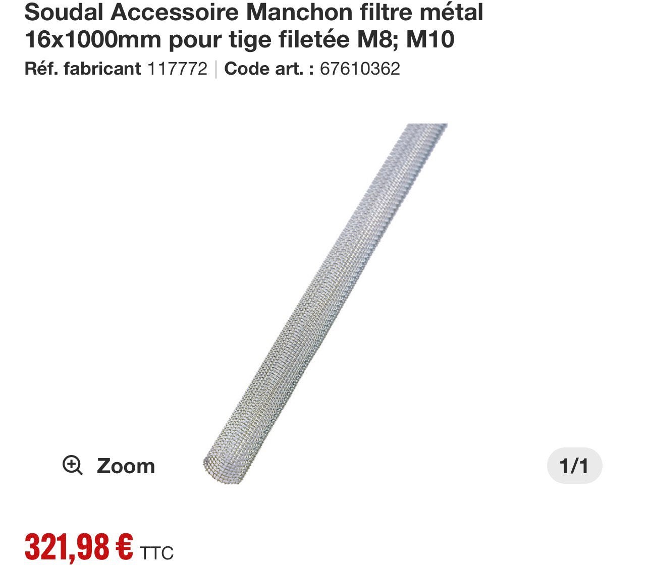 Soudal  Manchon filtre métal 16x1000mm tige filetée M8; M10, Bricolage & Construction, Enlèvement, Neuf