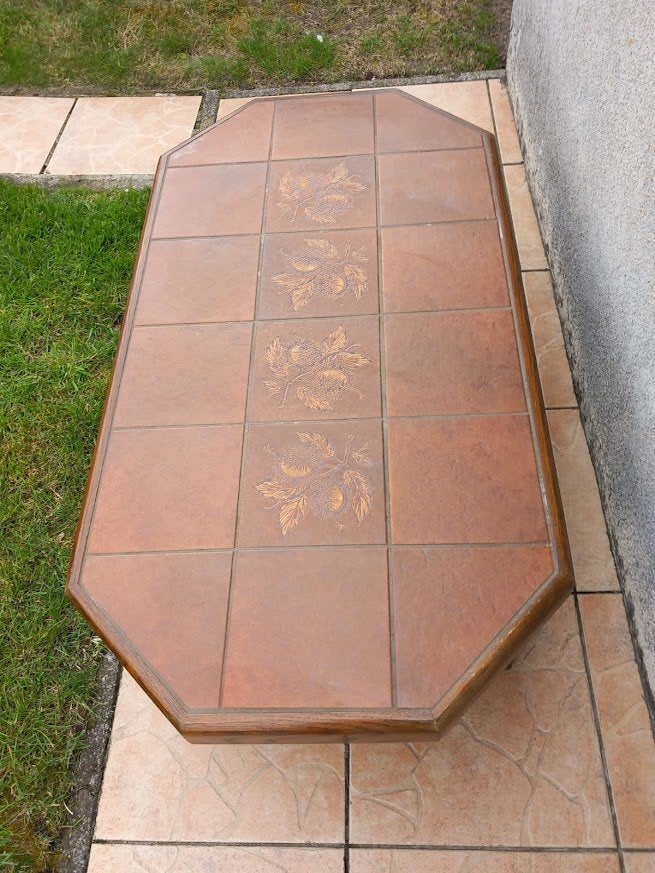 Eiken vintage salontafel (met ingelegde tegels), Ophalen, Gebruikt, 100 tot 150 cm, Eikenhout