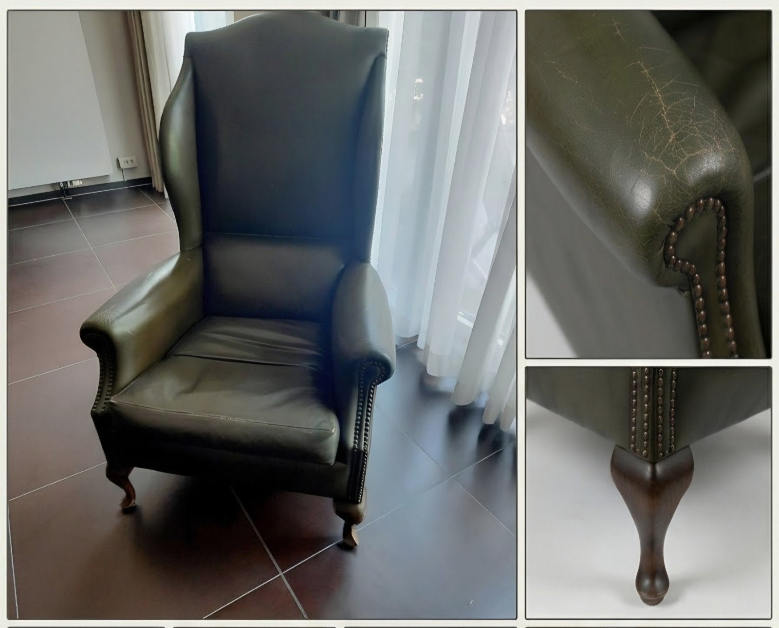 Klassieke Chesterfield Oorfauteuil – Olijfgroen Leer, Antiek en Kunst, Antiek | Meubels | Stoelen en Sofa's, Ophalen