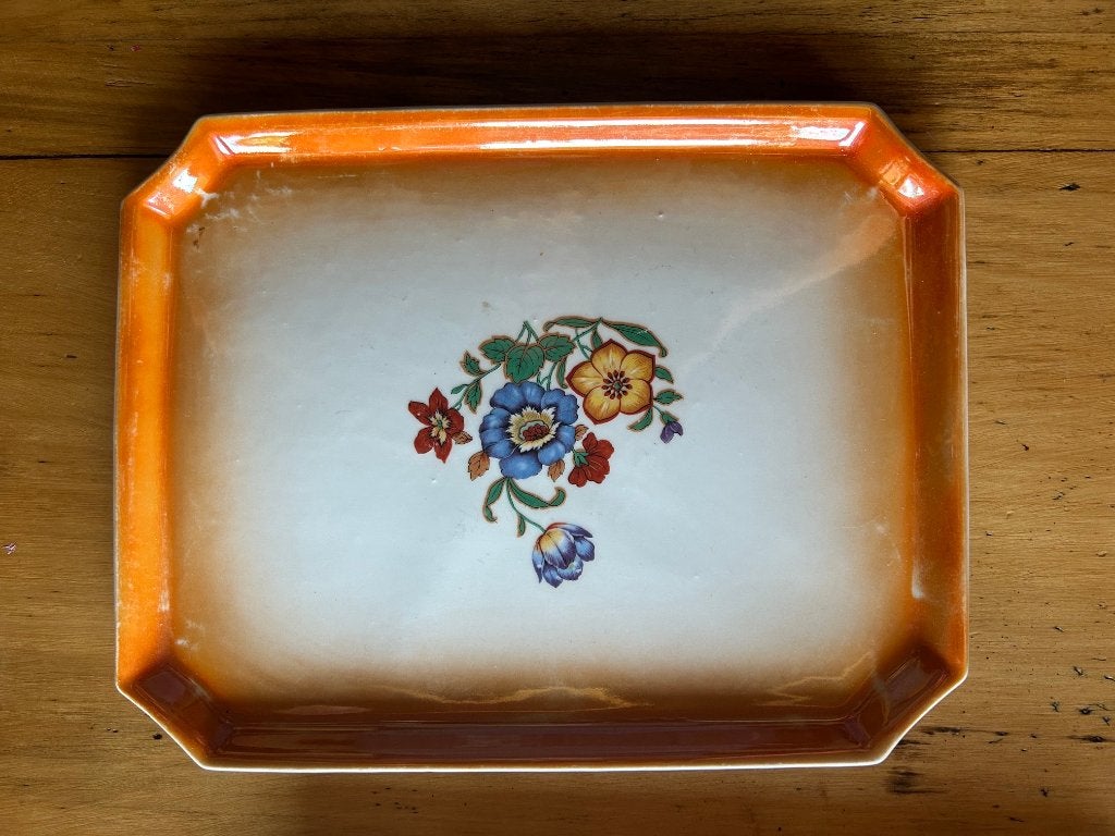 Vintage Dienblad met oranje bloemenmotief keramiek, Ophalen, Zo goed als nieuw, Rechthoekig, Overige materialen