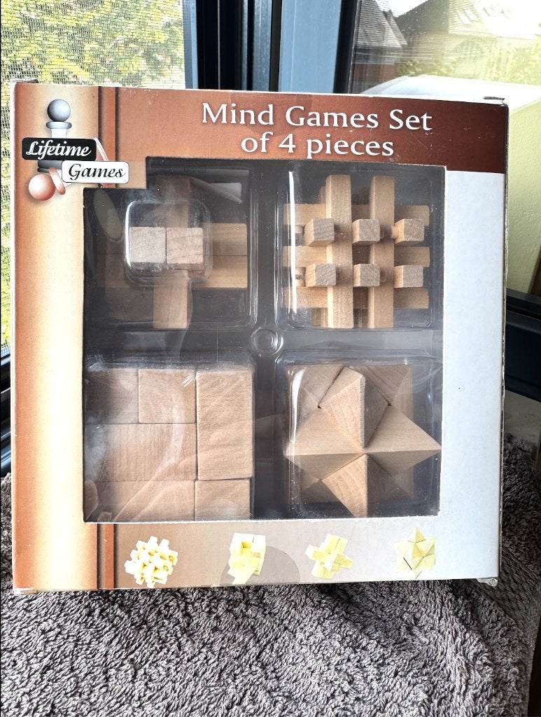 Houten mind games set, vier 3d-puzzels, Hobby & Loisirs créatifs, Enlèvement, Neuf, Rubik's Cube ou Puzzle 3D