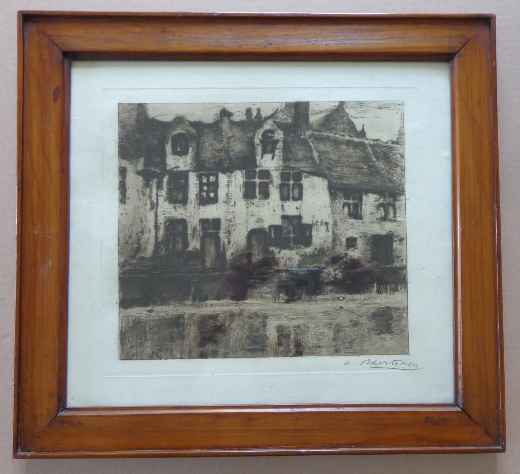 ALBERT BAERTSOEN / HUIZEN KANAAL / ZW-W ETS / 38x41cm KADER, Antiek en Kunst, Ets, Ophalen of Verzenden, Gesigneerd, Landschap