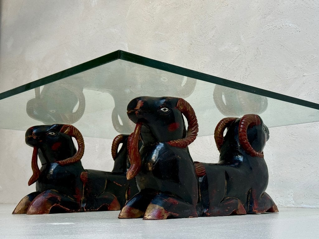 Hollywood Regency Salontafel | Handgemaakte Ramskoppen | 70’, Gebruikt, Vierkant, Ophalen of Verzenden, Glas