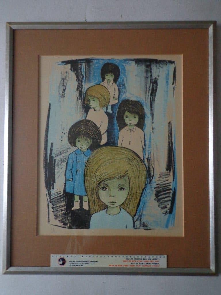 Typische litho van Jef Wauters "Schattige jonge meisjes", Genummerd, Ophalen, Portret en Figuren, Lithografie