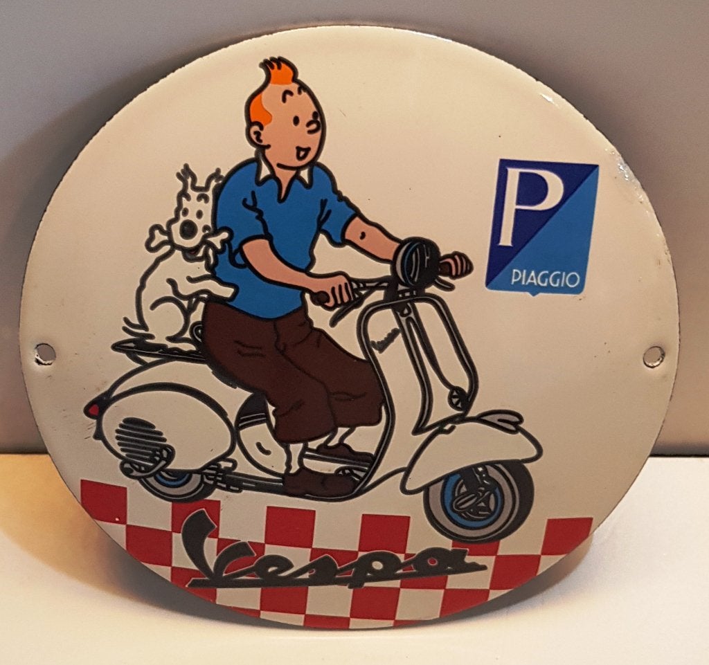 Tintin et Bobby avec une Vespa PIAGGIO Vespa Garage 12cm Ø, Envoi, Neuf, Panneau publicitaire
