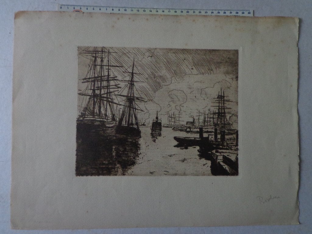 Sfeervolle ets van Richard Baseleer Haven van Antwerpen, Antiek en Kunst, Ets, Ophalen of Verzenden, Gesigneerd, Landschap