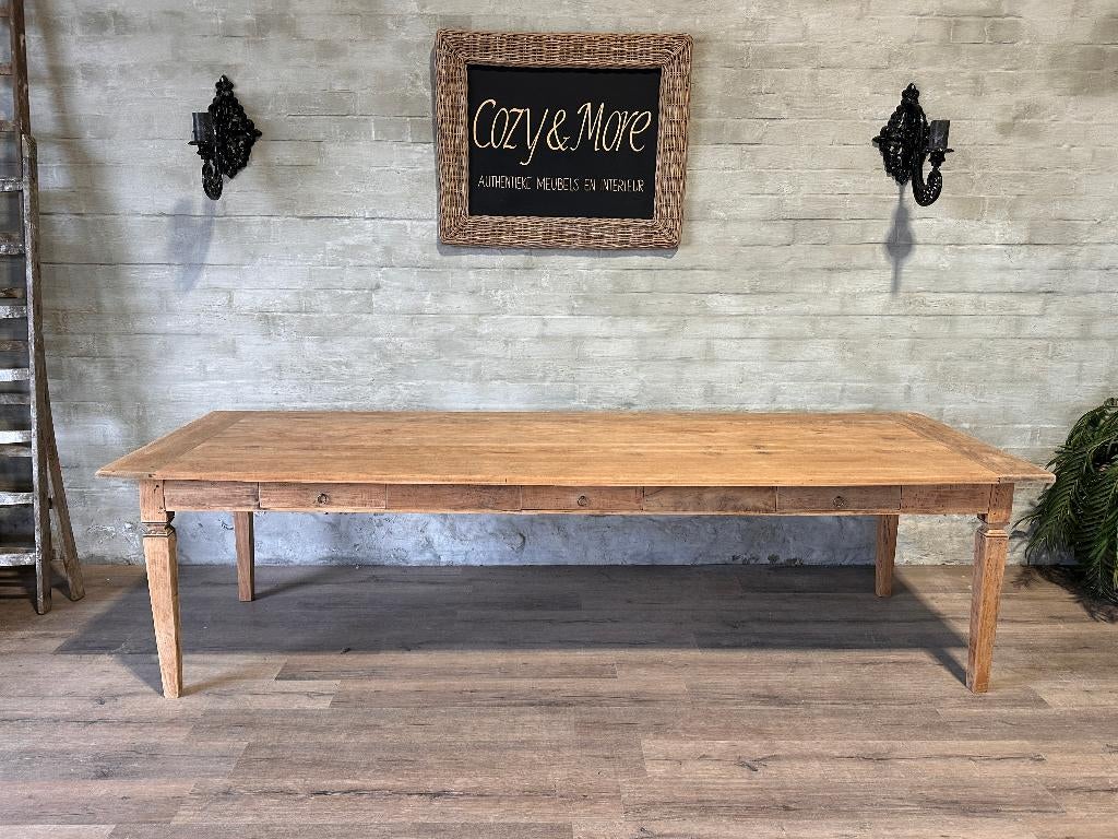 Antieke Franse boerentafel van 3 meter met 3 lades, Eikenhout, 200 cm of meer, Vijf personen of meer, Rechthoekig