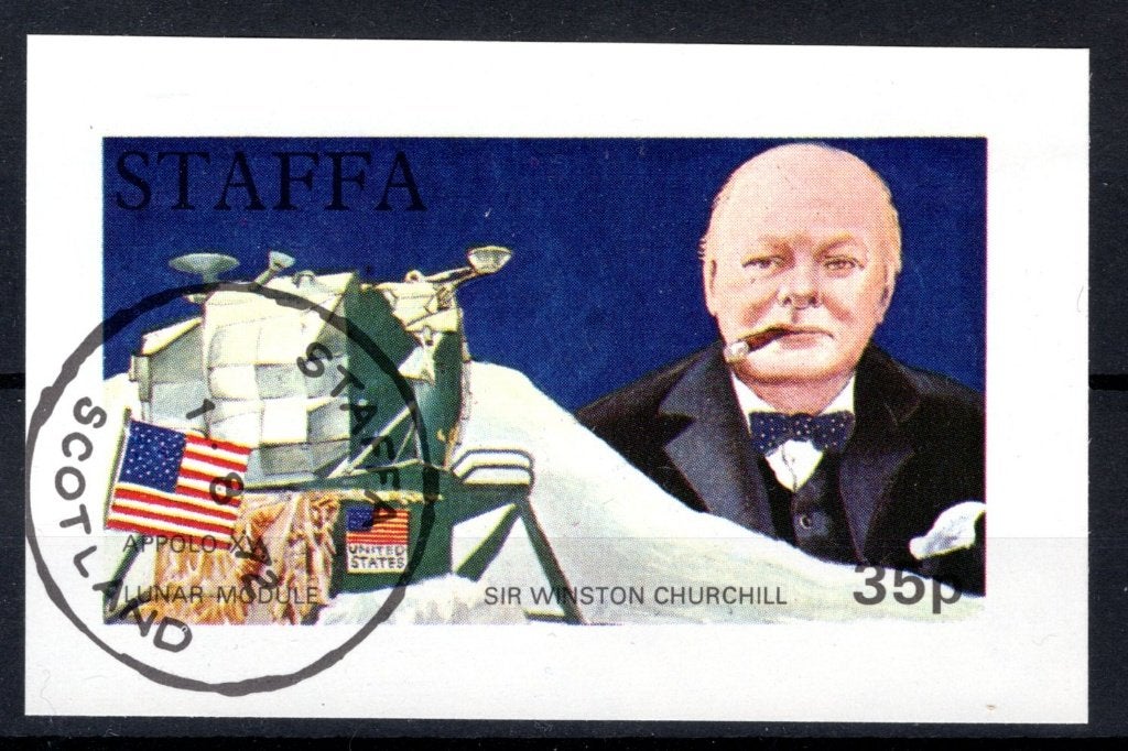 STAFFA -  Blok Appolo XV lunar module, Sir Winston Churchill, Postzegels en Munten, Postzegels | Europa | UK, Verzenden, Gestempeld