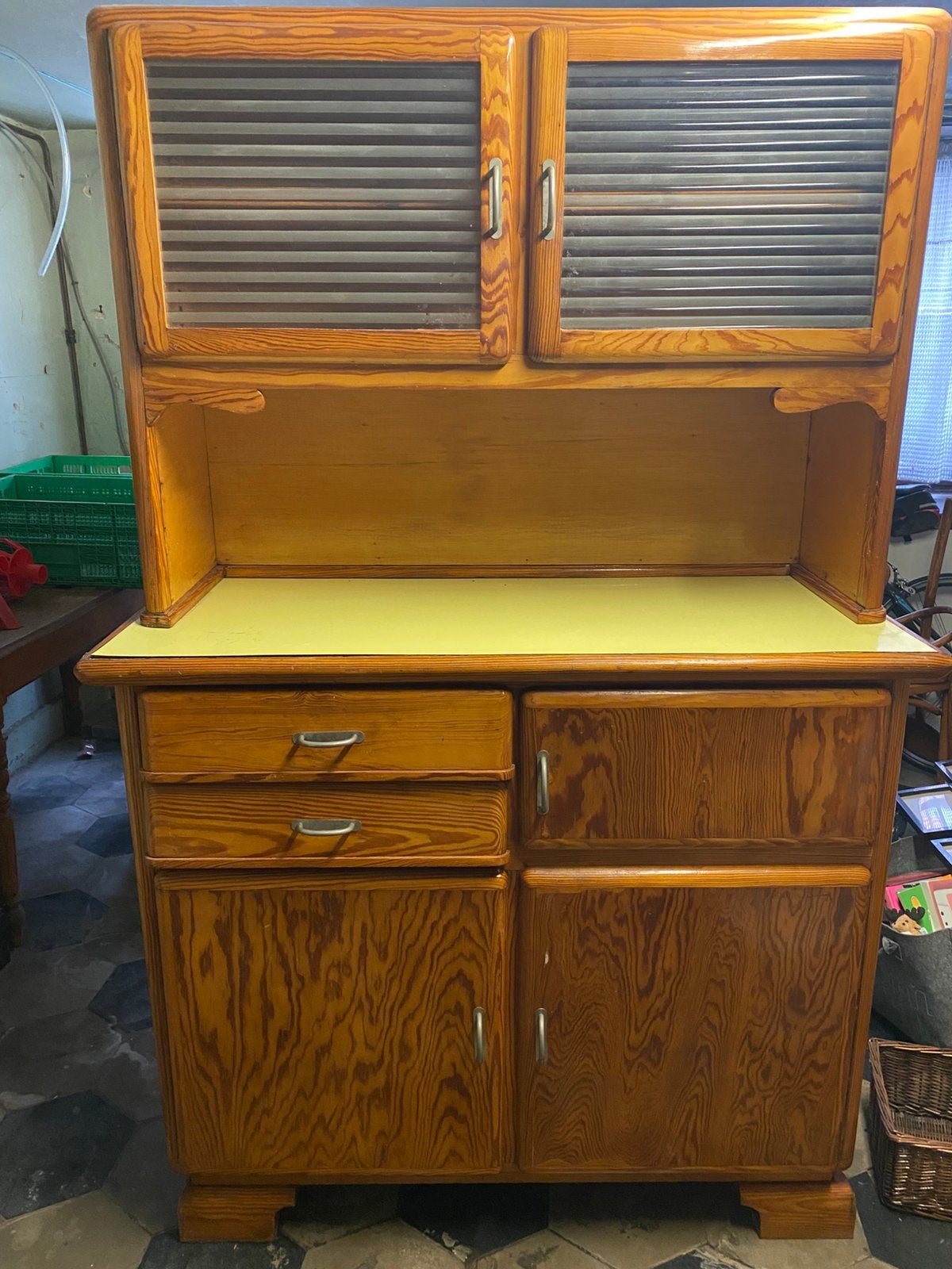 Vintage buffetkast / keukenkast in 2 delen, Ophalen, Gebruikt, 100 tot 150 cm, Vintage
