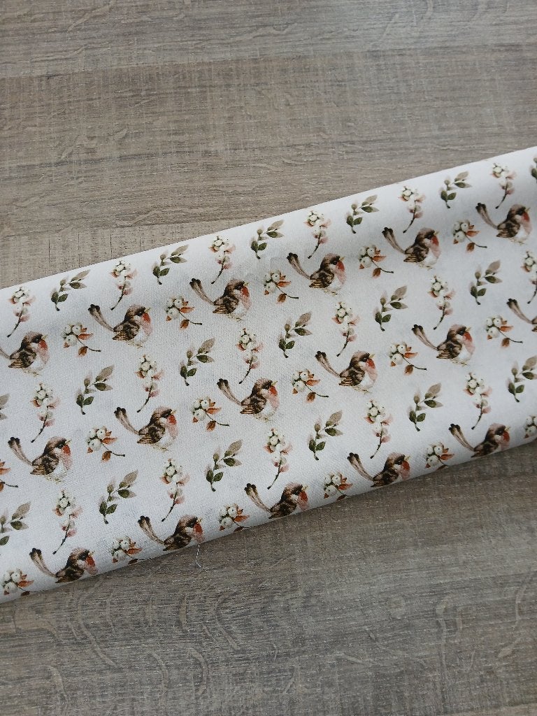 Coupon katoen stof met roodborstjes (1,40 meter), 120 cm of meer, Beige, Nieuw, Ophalen of Verzenden
