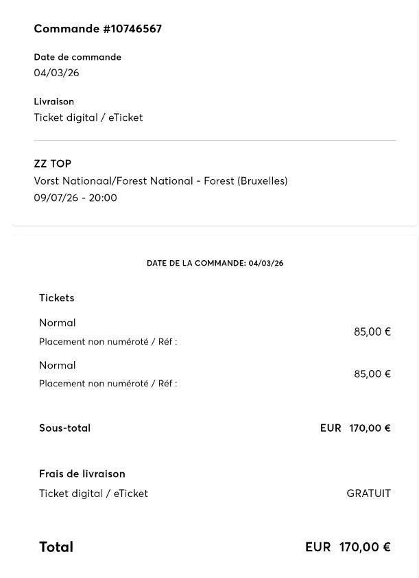 ZZ TOP Forest National concert 9 juli/2 zitplaatsen, Verzenden, Nieuw