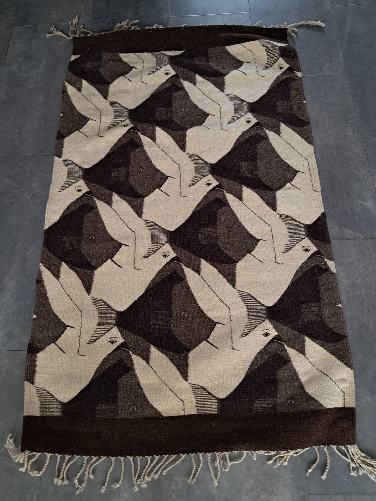 Tapis / Kilim tissé plat style graphique Escher (87 x 160 cm, Enlèvement, Brun