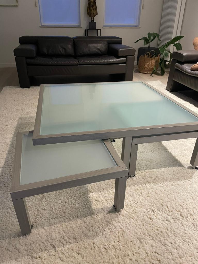 Salontafel (hout/glas) + 2 bijzettafels, Ophalen, Gebruikt, Glas, Vierkant