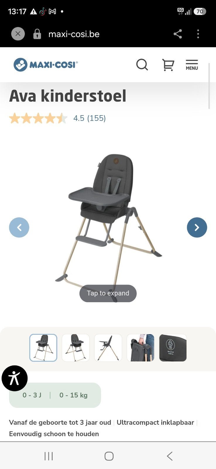 Chaise de salle à manger Maxi-Cosi, Enlèvement, Comme neuf, Chaise pliante, Plateau amovible