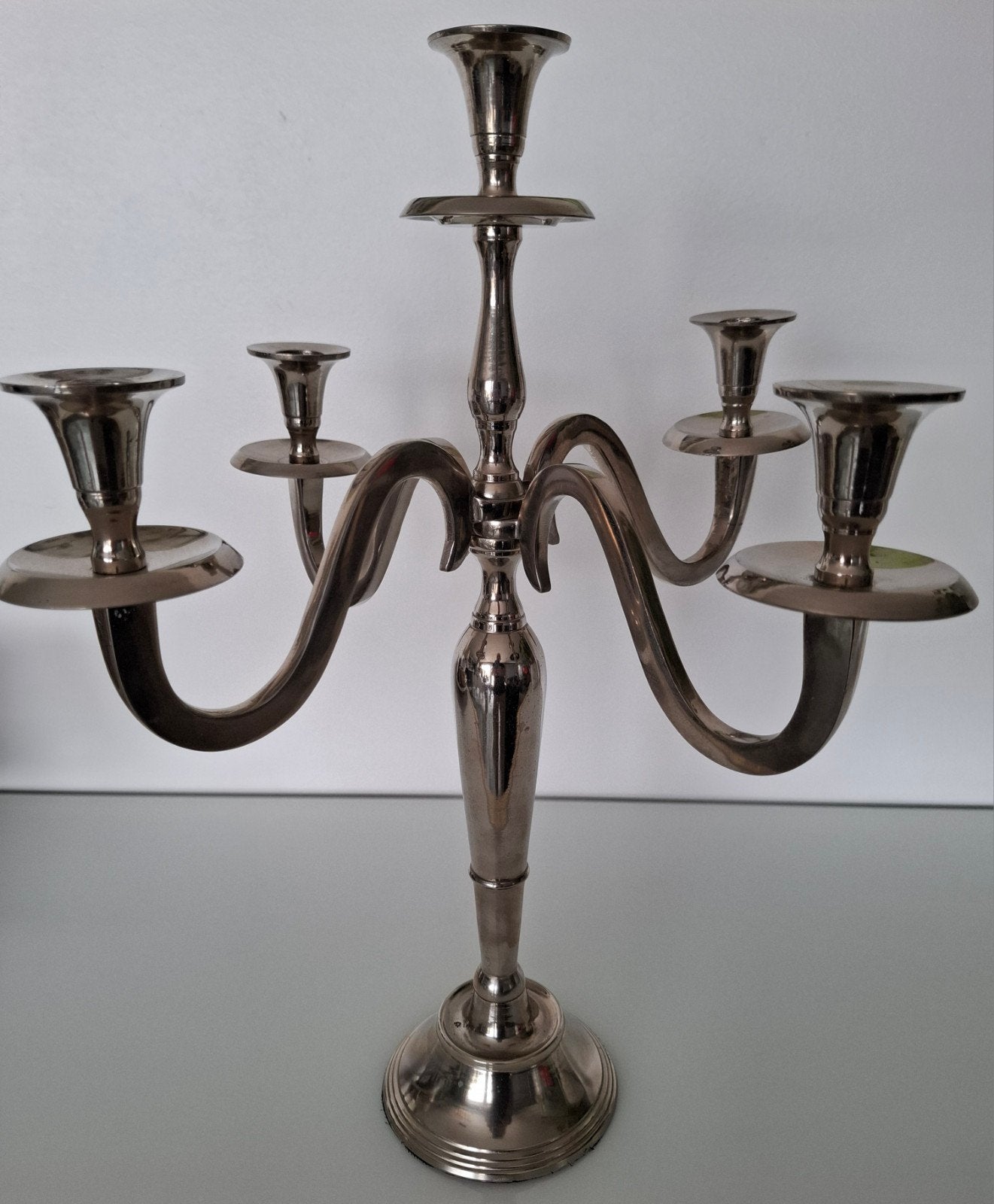 Klassieke 5-armige kandelaar – Verzilverd & vernist (45 cm), Ophalen, Gebruikt, Metaal, Kandelaar
