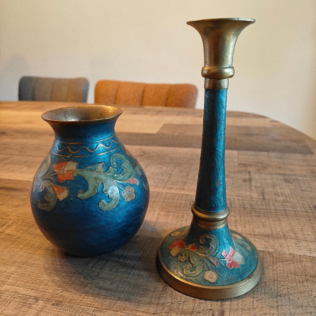 Vintage set van messing vaas + kandelaar, Verzenden