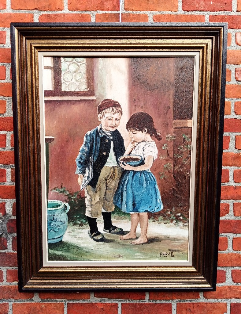 schilderij "De kleine smulpaap" - olieverf op doek, Portrait ou Personnes, Peinture à l'huile, Daté, Enlèvement