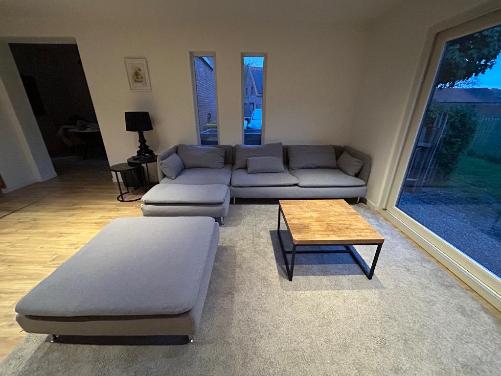 Te koop: zetel 4 personen, chaises longues, poef, Huis en Inrichting, Ophalen, Gebruikt