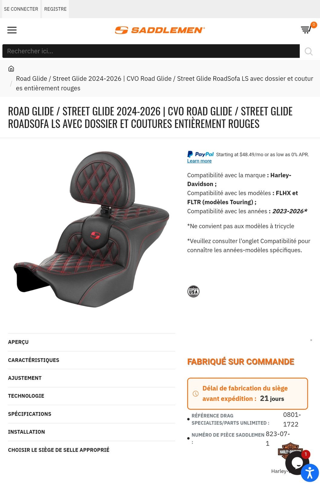 Harley Davidson Touring Saddlemen-stoel, Motoren, Ophalen