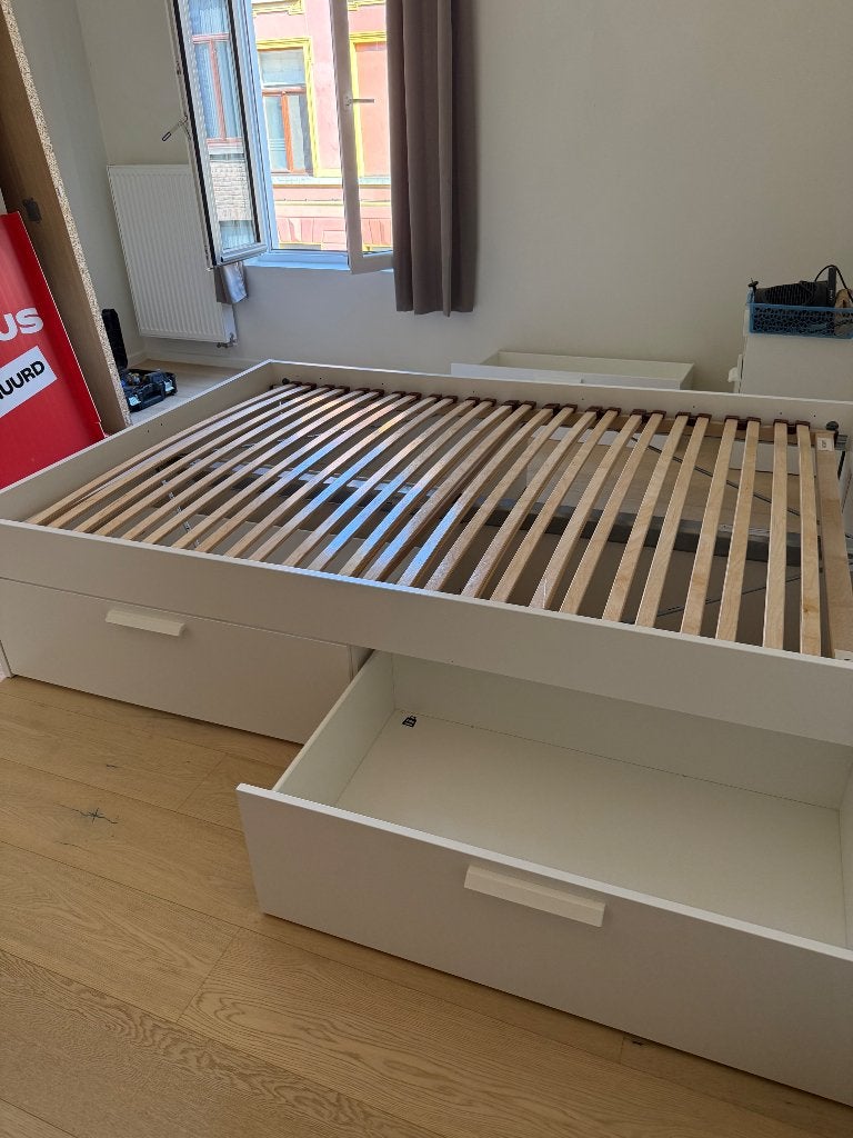 Tweepersoonsbed 140x200 met 4 opberglades + lattenbodem, Huis en Inrichting, Ophalen, Wit, 140 cm, Zo goed als nieuw