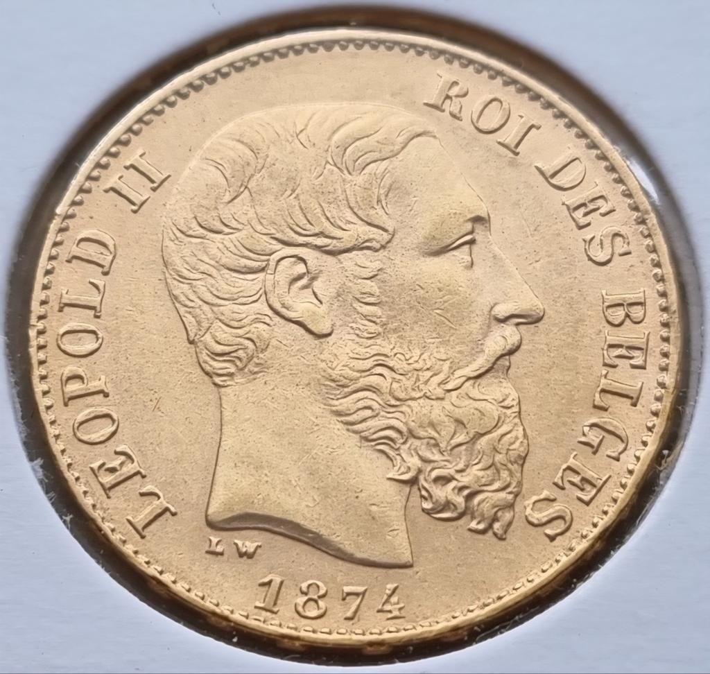 20 Francs 1874 Leopold II, Timbres & Monnaies, Monnaies | Belgique, Enlèvement ou Envoi, Monnaie en vrac, Or, Or