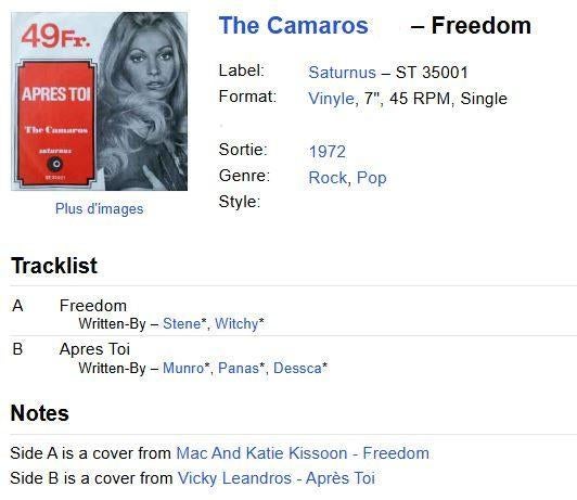 The Camaros – Freedom / Après Toi (45T – 1972 – Saturnus), Enlèvement ou Envoi, Utilisé, Autres formats, Pop