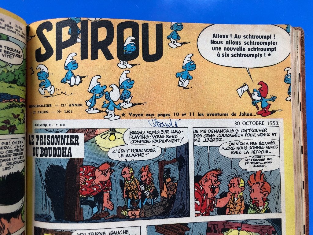 Spirou 1958 - Reliure amateur en très bon état Noël, Plusieurs BD, Franquin Peyo Roba Morris Tillieux Hubinon …, Enlèvement, Utilisé