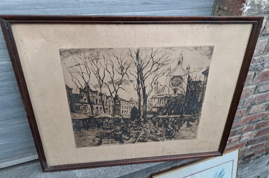gravure place saint catherine signe jean van cleemput, Enlèvement ou Envoi, Paysage, Gravure
