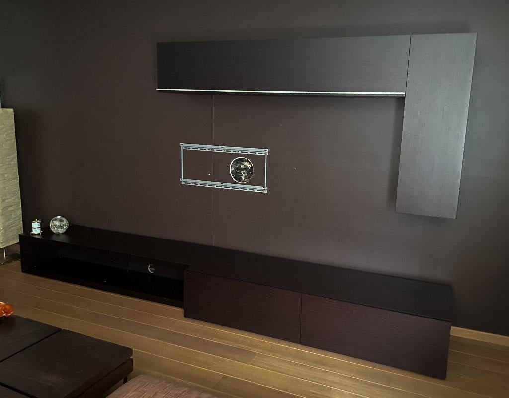 Donker eiken tv -en wandkast, Huis en Inrichting, Kasten | Wandmeubels, Ophalen, Eikenhout, 300 cm of meer, Zo goed als nieuw