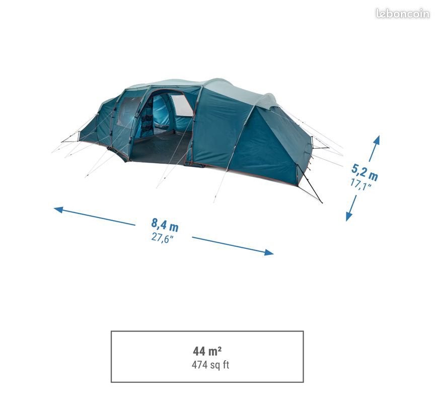 Grande tente quechua 8 personnes 8,4m de long, Caravanes & Camping, Enlèvement, Comme neuf