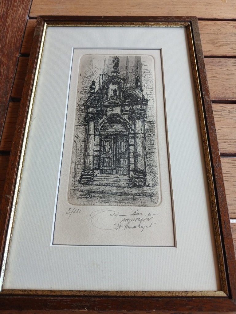 gesigneerde ets Dries , antwerpen St Anna Kapel, Ophalen of Verzenden, Ets, Ingelijst