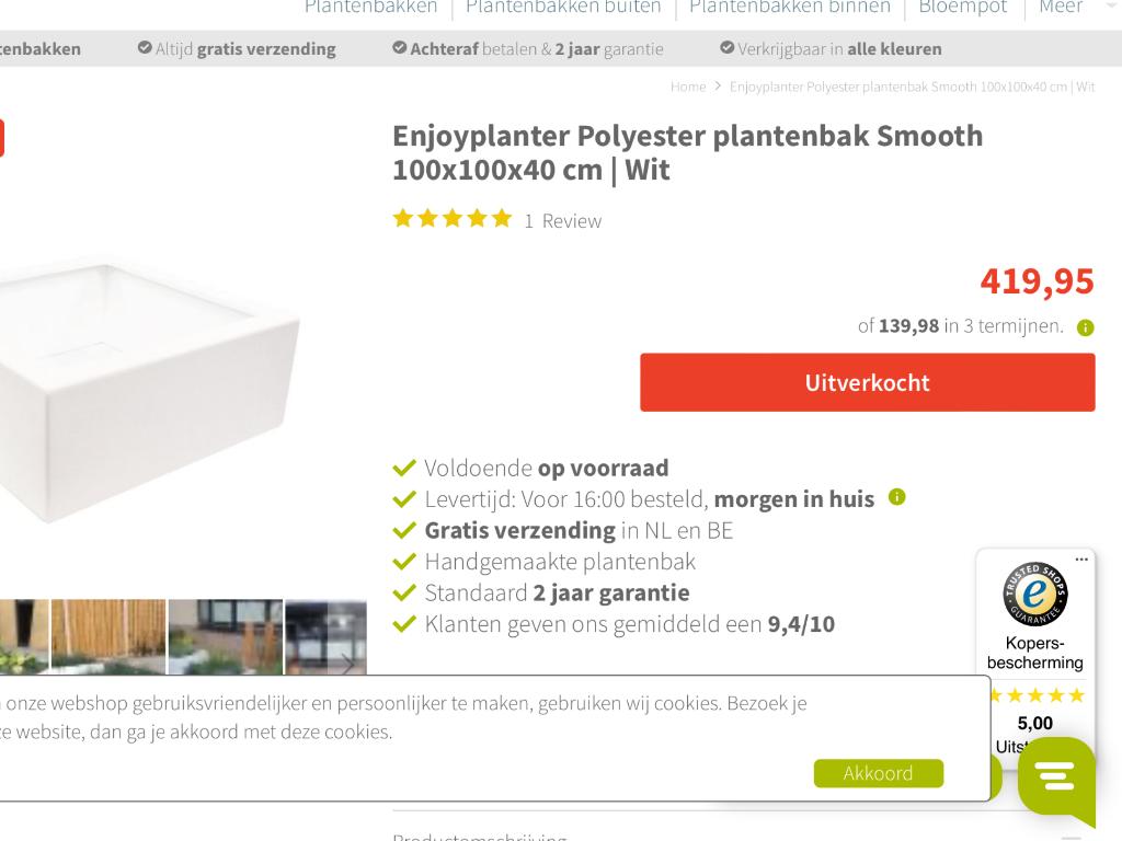 Polyester Plantenbak, Tuin en Terras, Ophalen, Kunststof, 100 cm of meer, Vierkant