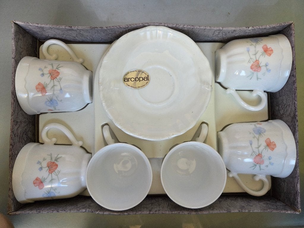 ​Vintage Arcopal set "Pois de Senteur" 6 tassen en onderzet, Enlèvement, Maison et Meubles