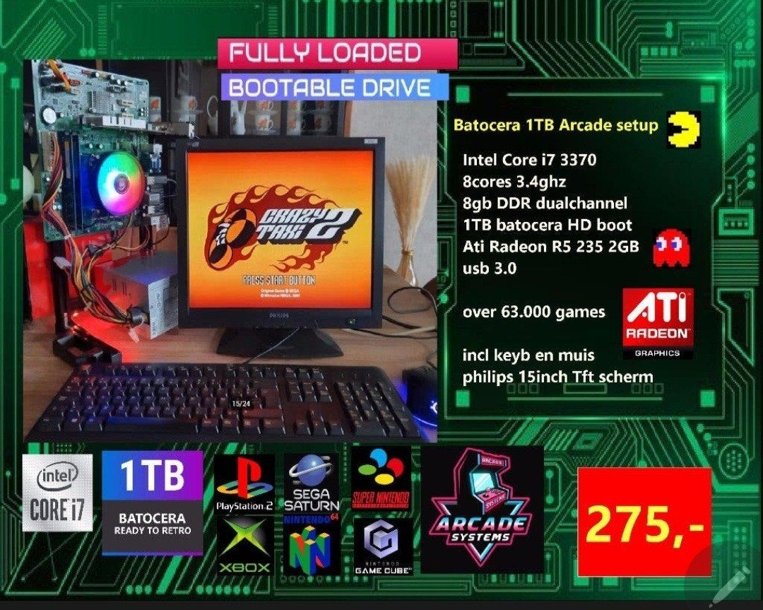 open pc custom i7 8gb + batocera 1Tb arcade systeem, Enlèvement