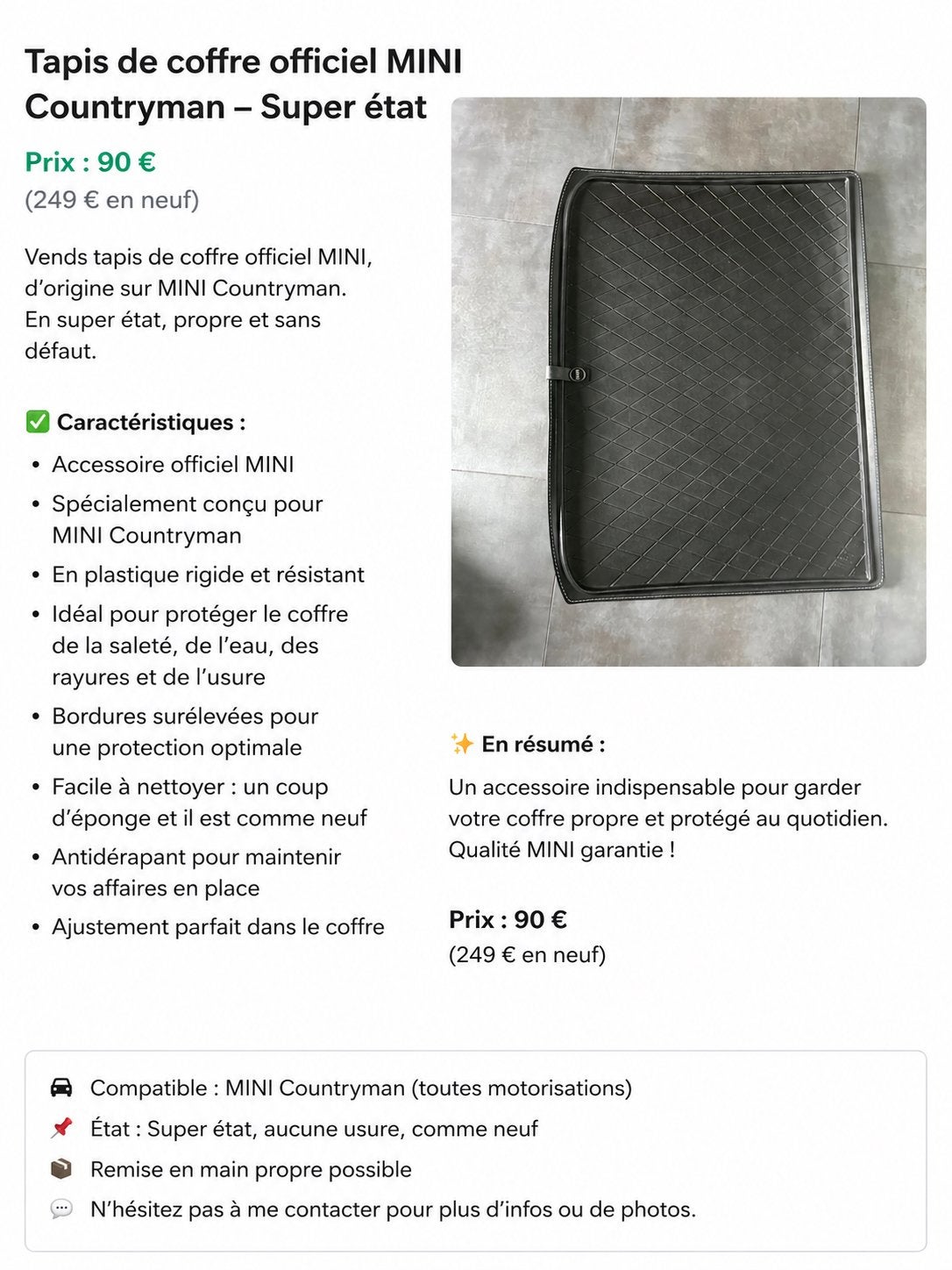 Tapis de coffre de marque MINI état comme neuf !, Autos : Divers, Tapis de coffre, Comme neuf, Enlèvement ou Envoi