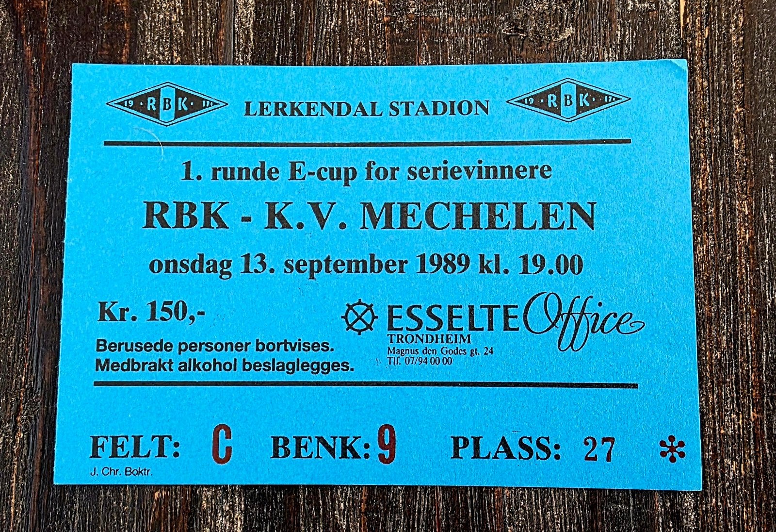 Billet Rosenborg BK - KV Mechelen (Coupe d'Europe 1 1989), Envoi, Utilisé