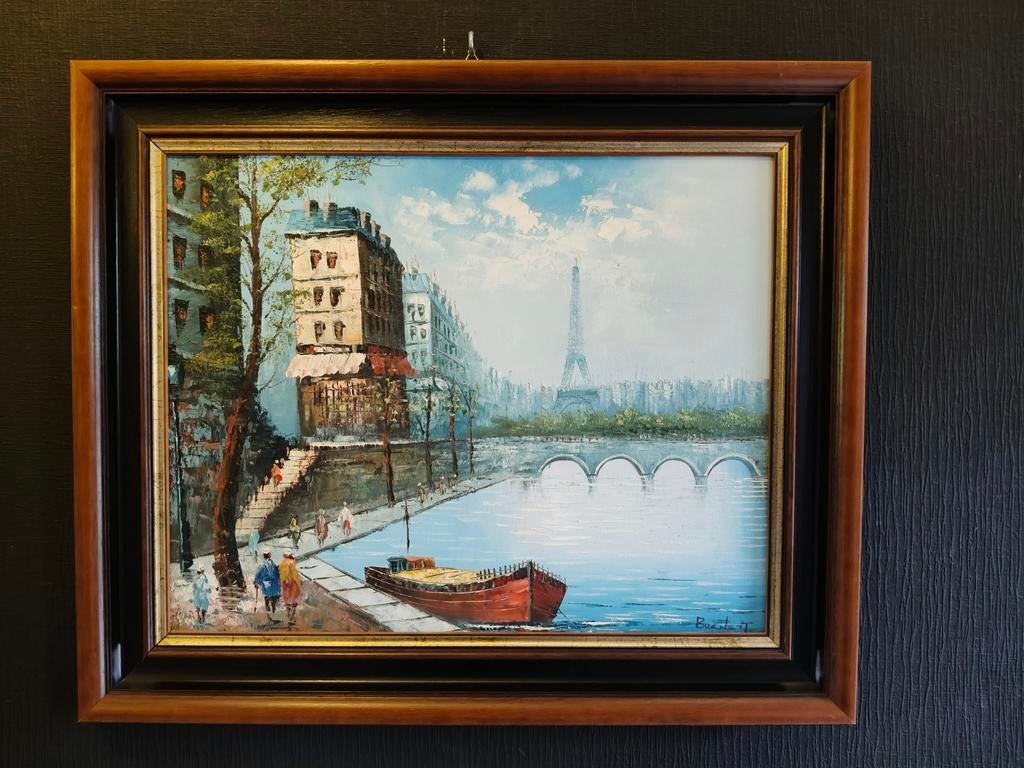 Tableau huile sur toile, scène de Paris signe Burnett, Enlèvement ou Envoi