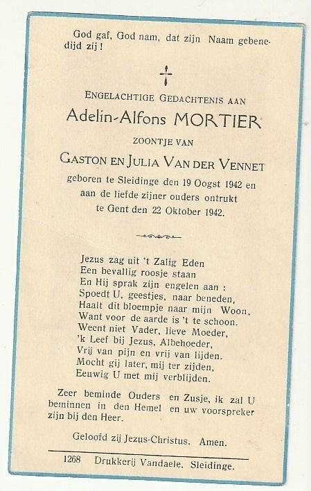 Doodsprentje Adelin MORTIER Sleidinge 1942 Gent 1942 (Kind), Verzenden, Bidprentje
