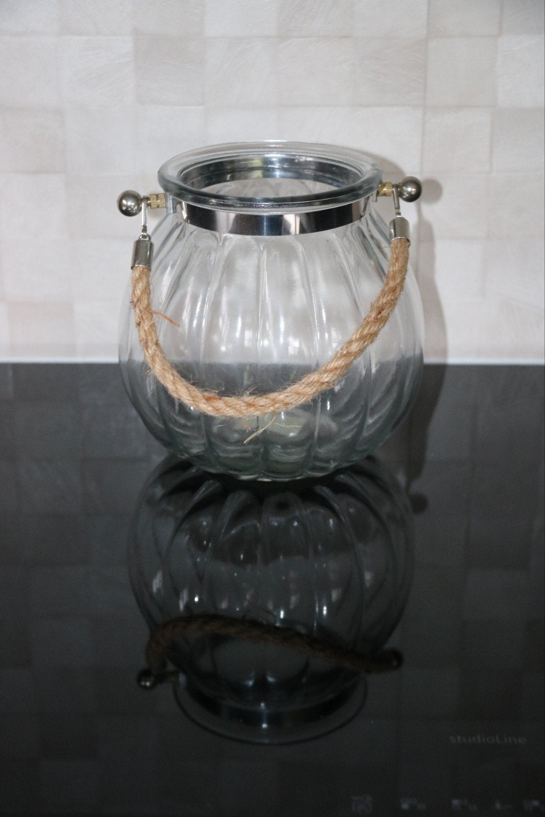 Sfeervol Glazen Windlicht / Lantaarn met Touw – Nette staat!, Lantaarn, Ophalen of Verzenden, 16 cm, Glas