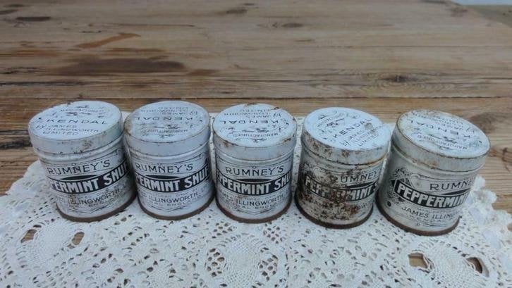 5 Engelse verweerde brocante pepermunt snuiftabak blikjes, Ophalen of Verzenden
