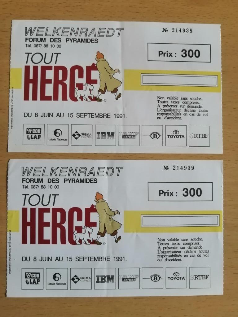 2 Tickets d'entrée de l'exposition "Tout Hergé" de 1991, Collections, Personnages de BD, Tintin, Enlèvement ou Envoi