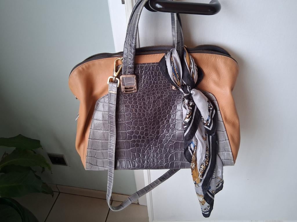 Handtas cognac/jeans + foulard, Enlèvement ou Envoi, Sac à main