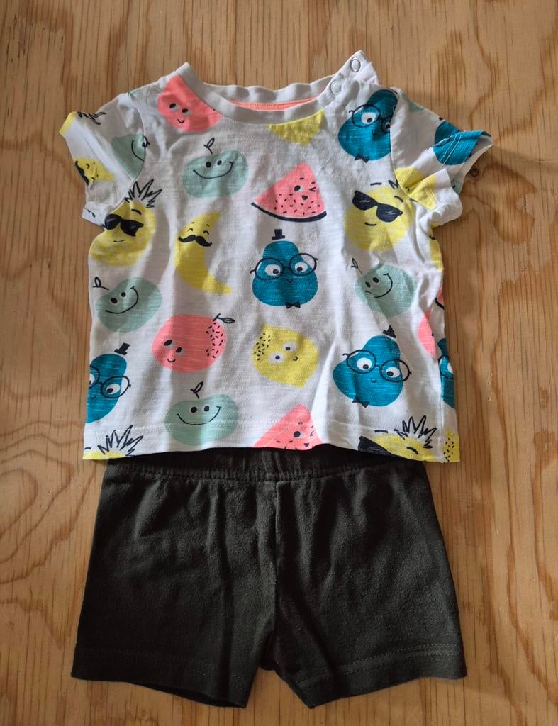 Kleurrijk zomersetje met fruit en kaki short - Maat 68/74, Kinderen en Baby's, Babykleding | Maat 68, Zeeman, Jongetje of Meisje