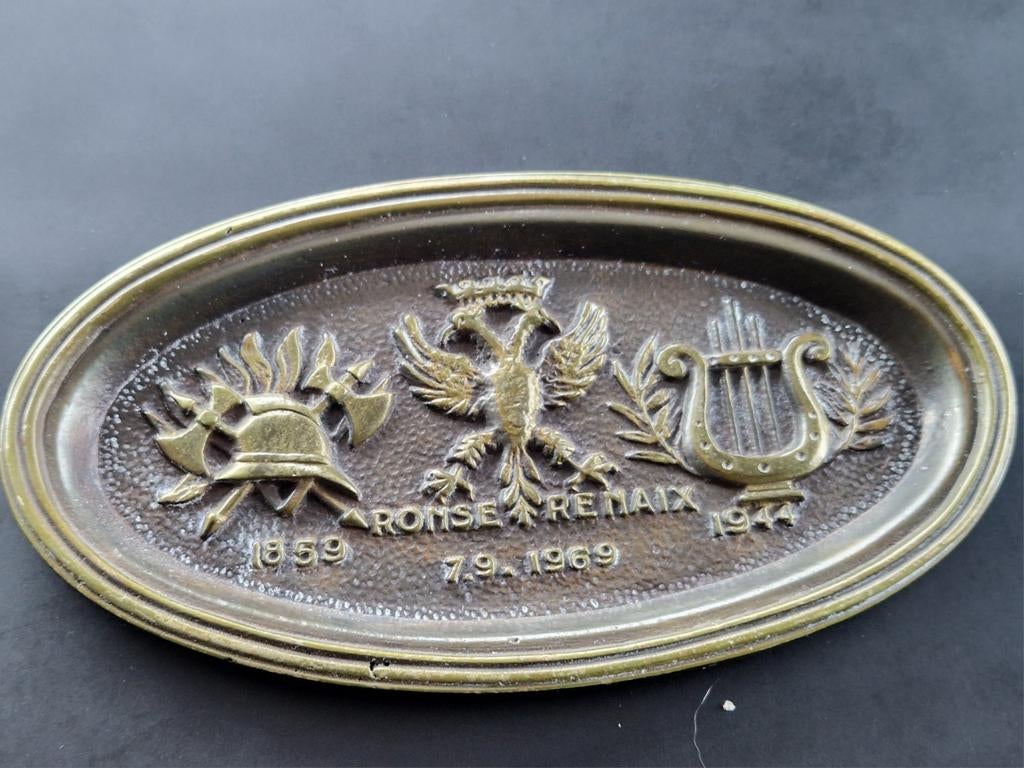 Bronzen schaal brandweer fanfare 1859 1944 , gesigneerd  HN, Antiquités & Art, Enlèvement ou Envoi, Bronze