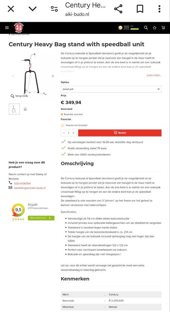 Century bokszak & Speedball standaard, Sports & Fitness, Boxe, Comme neuf, Accessoire de boxe, Enlèvement